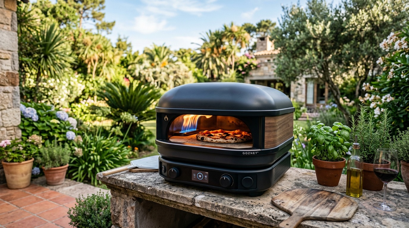 Horno de pizza portátil a gas Mudberry en terraza exterior